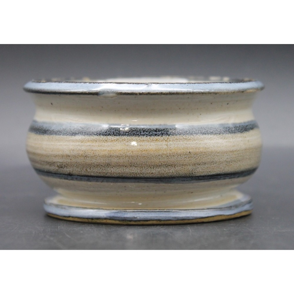 Handmade Studio Pottery Small Bowl Blue Cream Striped Glaze 3.25x1.75
